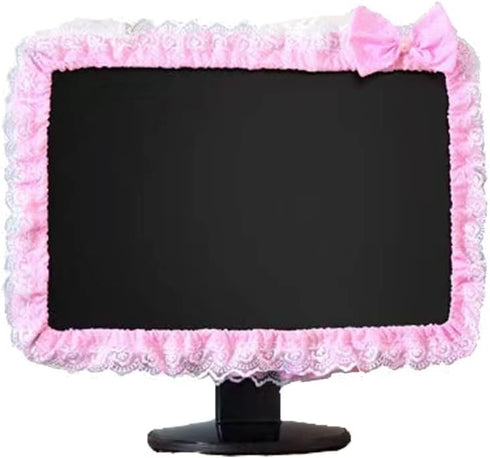(17''-22''Pink) Computer Monitor Cover with Lovely Cute Elastic Pen Pocket Bow-knot TV LCD Screen Monitor Decoration
