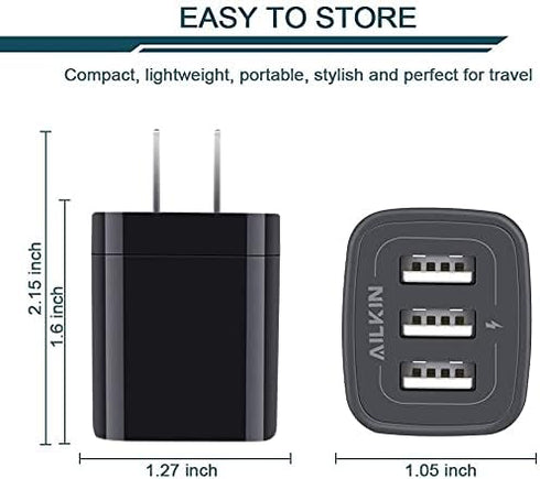 AILKIN 3 USB Wall Charger, Triple Charger Adapter, Fast Charging Block Home Charger Station Block Cube Plug for iPhone, Samsung Galaxy, LG, Motorola, Google Pixel, Oneplus, Base Box Cagardor para