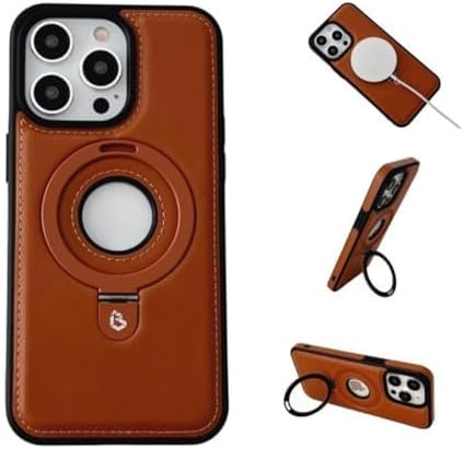 Luxury Leather Invisible Stand Phone Case Cover for iPhone 12-15, Metal Magnetic Folding Stand (Brown, iPhone 13 Pro)