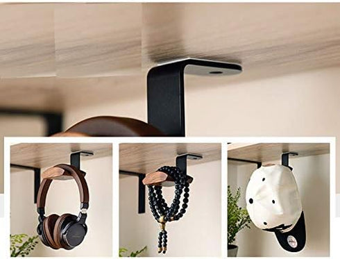 YANGMEI Headset Under-Desk Mount Headphone Hanger Holder Stand Walnut Wood Headphone Rack Hook Desk Tabletop Tape