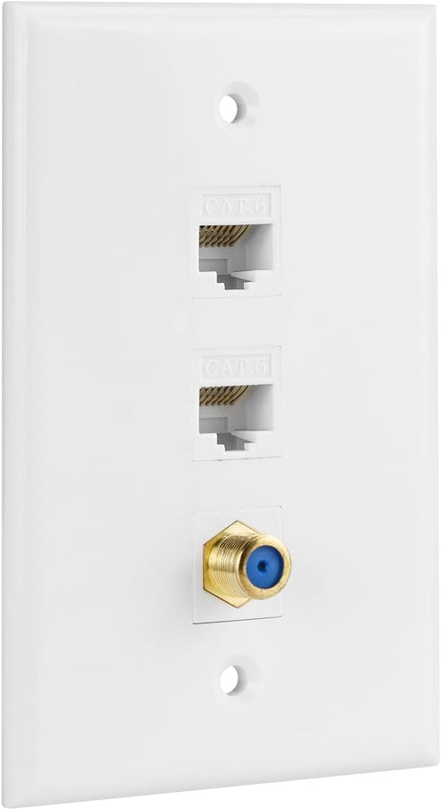 Ethernet Coax Wall Plate, 2 Port Cat 6 RJ45 Keystone and 1 Port TV Coax F Type Keystone Wall Plate