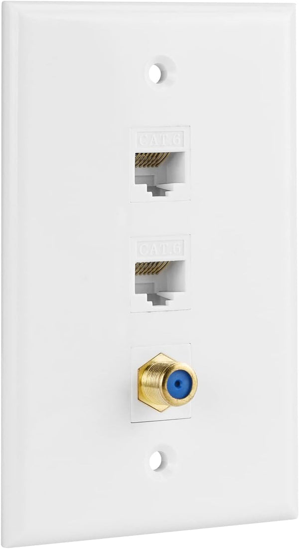 Ethernet Coax Wall Plate, 2 Port Cat 6 RJ45 Keystone and 1 Port TV Coax F Type Keystone Wall Plate