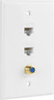Ethernet Coax Wall Plate, 2 Port Cat 6 RJ45 Keystone and 1 Port TV Coax F Type Keystone Wall Plate