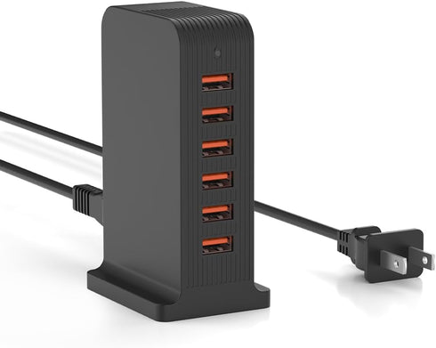 VPSUN USB Charger 6 Port 50W Multi USB Tower Charging Station for Multiple Devices, Black, for iPhone 15/14/14 Pro/14
