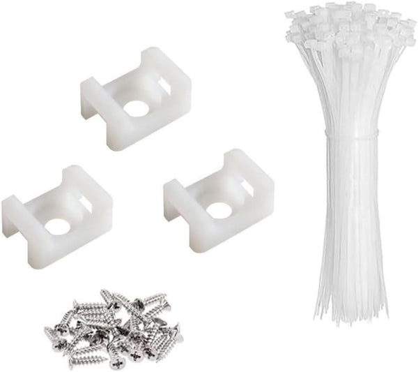 60 Set White Cable Zip Tie Mounts Kit, Wire Cable Clips Organizer Holders with 8" Cable Ties and Tapping Screw