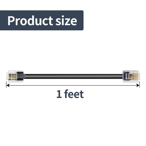 RJ12 Cable Short 1 Foot, 6P6C Connector Landline Phone Wire, Black, 2 Pack for In-Wall and Out-Wall Use