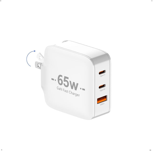 65W USB C Charger, TRYTHINK 3-Port GaN Charger Block, Foldable Compact Fast Wall Power Adapter for Notebook, MacBook