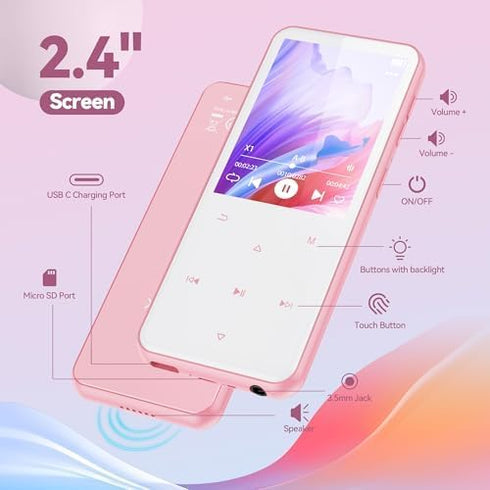 AGPTEK 64GB MP3 M3 2.4 inch 128GB(Pink) Player with Bluetooth, Music Player with Speaker and FM Radio, Touch Buttons