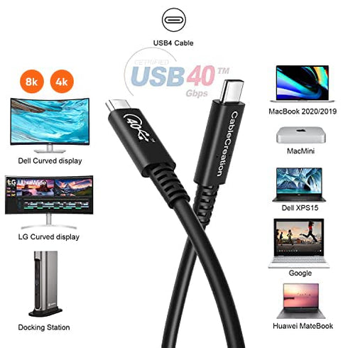 CableCreation USB 4 Cable, 2.6FT, 40Gbps, 100W, 8K 30Hz/Dual 4K 60Hz, USB-IF Certified, Compatible with USB-C Devices.
