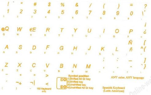 Spanish Latin American Keyboard Stickers, Yellow Letters on Transparent Background for Any Laptop PC Notebook