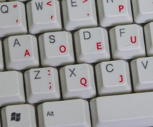4Keyboard Dvorak Simplified Keyboard Stickers with RED Lettering ON Transparent Background
