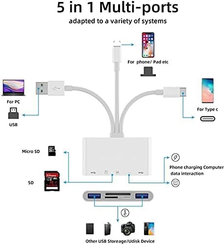 HUI 5 1 SD/SDHC/SDXC/MMC in Lightning Type-c OTG Camera SD TF USB C Memory Card Reader Adapter