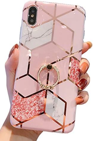 Qokey Compatible iPhone X/iPhone Xs Case 5.8 inch, Marble Cute Fashion with 360 Degree Rotating Ring Kickstand, Bling