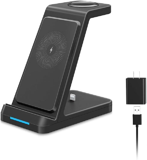 3 in 1 Wireless Charger for iPhone 15/14/13/12/11/X, Apple Watch, AirPods Charging Dock with QC3.0 Adapter - Black
