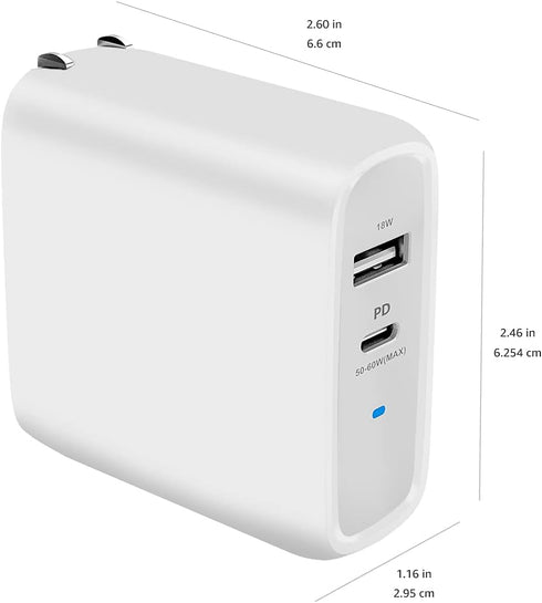 Amazon Basics 68W Two-Port GaN Wall Charger, 1 USB-C (60W) & 1 USB-A Ports (18W) for Laptops, Tablets & Phones