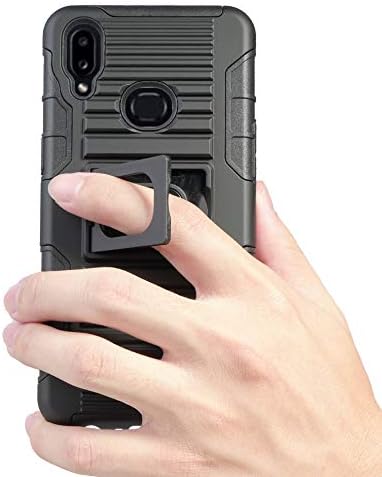 Case with Clip for Galaxy A10s, Nakedcellphone Black Rugged Cover with Finger Grip Stand, Built-in Mounting Plate, Belt