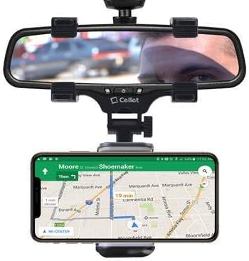 Cellet Vehicle Rear View Mirror Phone Holder Mount Universal Smartphone Cradle Compatible to Apple iPhone, Samsung Galaxy Smartphones, Google Pixel, Moto, Google Map GPS Navigation, Dash Cam Mount
