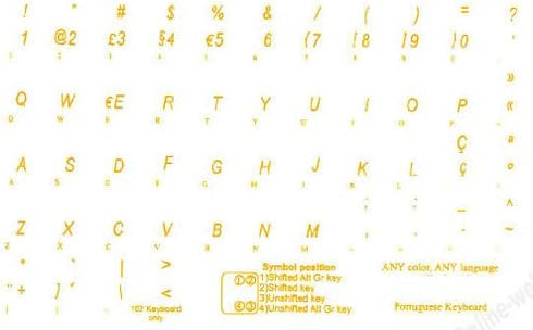 Portuguese Traditional Keyboard Label with Yellow Lettering Transparent for Computer LAPTOPS Desktop