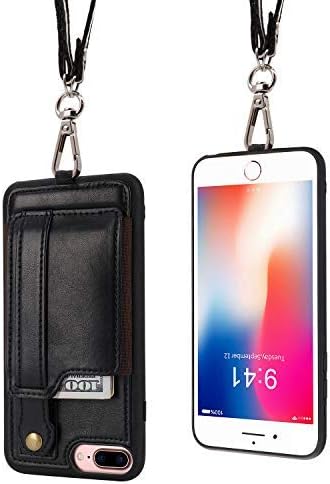 TOOVREN Phone Cover for iPhone 8 Plus 7 Plus - Wallet Case with Card Holder Detachable Lanyard Strap Stand PU Leather -