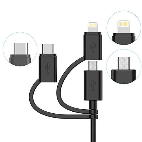 Apple MFI Certified 3-in-1 Cable, Lightning/Type C/Micro USB for iPhone, iPad, Samsung Galaxy, 3FT Black