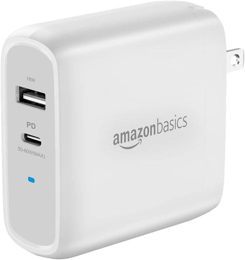 Amazon Basics 68W Two-Port GaN Wall Charger, 1 USB-C (60W) & 1 USB-A Ports (18W) for Laptops, Tablets & Phones