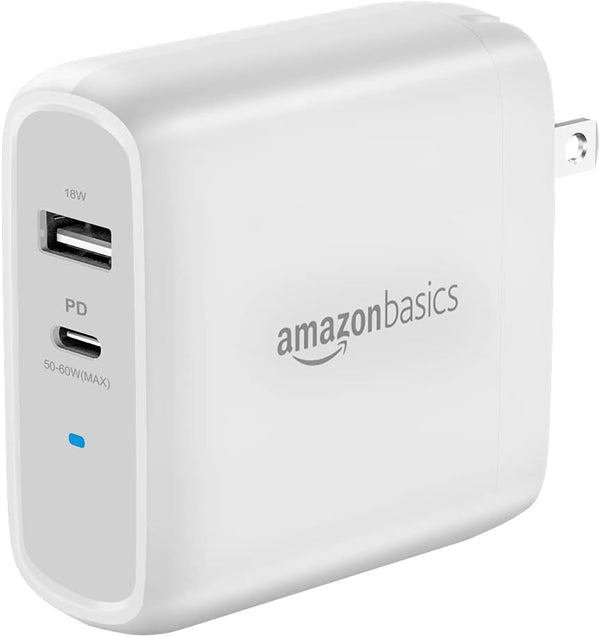 Amazon Basics 68W Two-Port GaN Wall Charger, 1 USB-C (60W) & 1 USB-A Ports (18W) for Laptops, Tablets & Phones