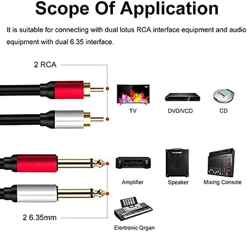 2 x 6.35 mm to 2RCA Cable - Dual 1/4 inch TS Stereo Jack Male to 2 RCA Male Stereo Audio Splitter Adapter (12ft/4m,