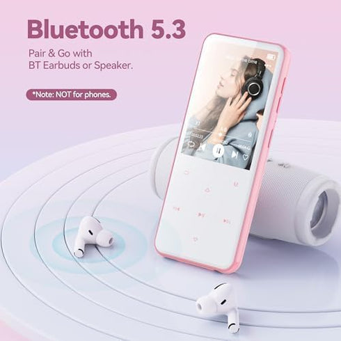 AGPTEK 64GB MP3 M3 2.4 inch 128GB(Pink) Player with Bluetooth, Music Player with Speaker and FM Radio, Touch Buttons