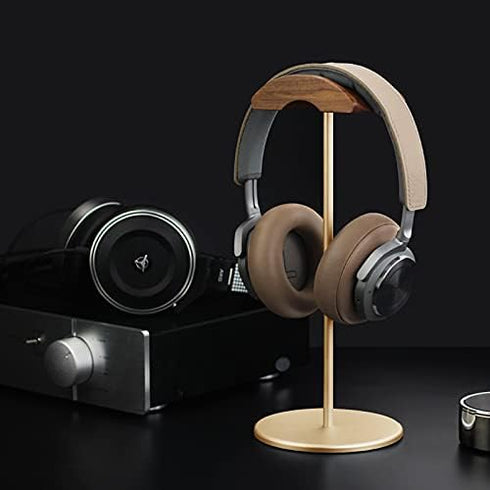 Headset Holder Stand, Wood and Aluminum Desktop Headphone Stand with Solid Heavy Base for All Headphone Sizes (Gold)