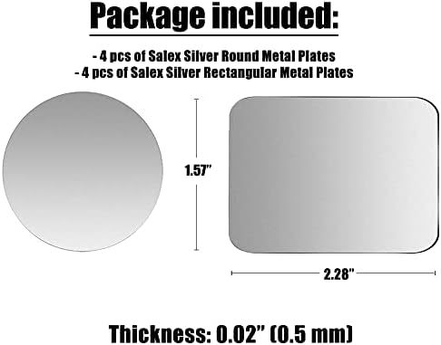 SALEX Replacement Metal Plates Set 8 Pack for Magnetic Car Phone Holders, Wall, Air Vent Mounts, Cases, Magnets. Kit of 4 Silver Round and 4 Rectangular Iron Discs without Holes. 3M Adhesive Backing.
