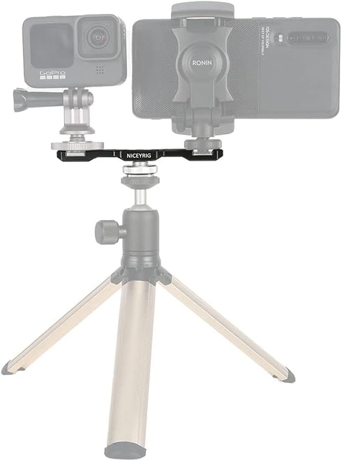 NICEYRIG Dual Cold Shoe Mount Flash LED Light Microphone Vlog Extension Bracket with Shoe Mount, 1/4 Thread for DSLR
