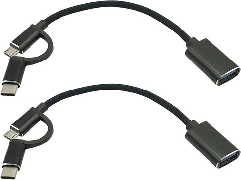 2Pack 2 in 1 Weave Micro USB and Type C Male to USB 2.0 Female Converter Adapter Cable (Black)