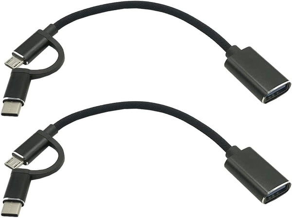 2Pack 2 in 1 Weave Micro USB and Type C Male to USB 2.0 Female Converter Adapter Cable (Black)