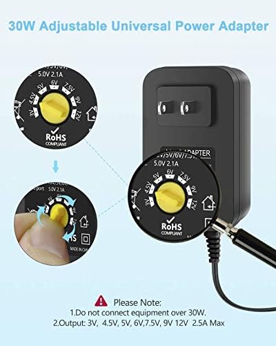 Aclorol Universal Power Adapter 30W, Adjustable 12V 9V 7.5V 6V 5V 4.5V 3V AC/DC Converter with 14 Tips