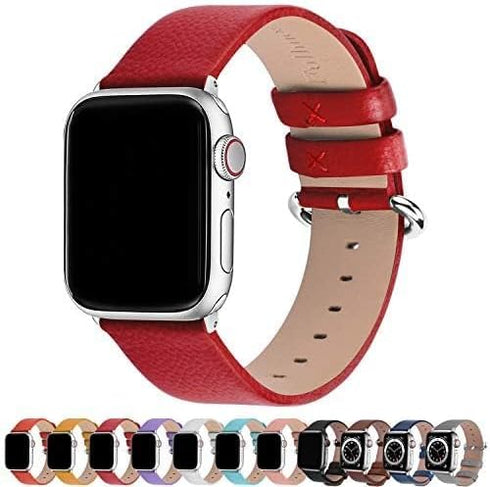 Fullmosa Leather Bands Compatible with Apple Watch Band 38mm-49mm, Women Men, Red/Silver