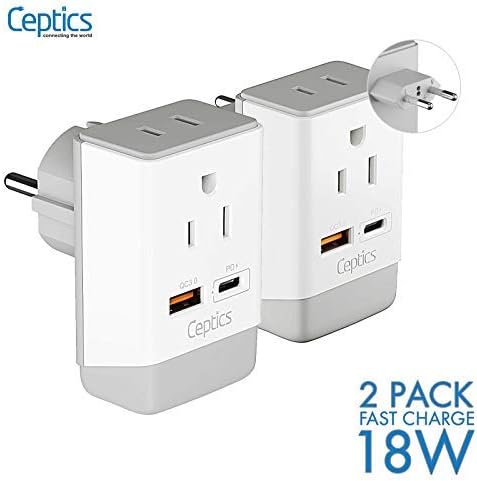 Ceptics European Travel Plug Adapter, Schuko QC 3.0 & PD Safe Dual USB & USB-C - 2 USA Socket - Compact & Powerful - Use in Greece Italy Switzerland Turkey Portugal - Type C, E/F - Fast Charging