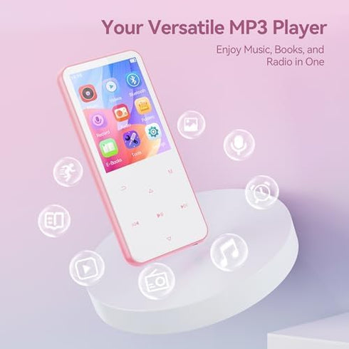 AGPTEK 64GB MP3 M3 2.4 inch 128GB(Pink) Player with Bluetooth, Music Player with Speaker and FM Radio, Touch Buttons
