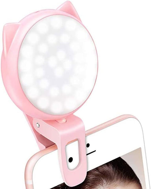 OURRY Mini Rechargeable Selfie Clip on Ring Light, 9 Level Adjustable Brightness, 32 LED, USB Flash Lighting - Pink