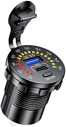 12/24V Socket Dual USB Type C PD 3.0 + USB A Fast Charger - Built-in Voltmeter for Car and Marine