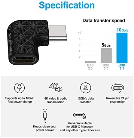 USB C Right Angle Adapter (3 Pack), 90 Degree USB Type-C Male to Female, Supports 100W Quick Charge, Black