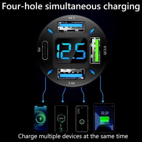 RDRKR 66W USB C Car Charger, 4-Port Cigarette Lighter Adapter, QC 3.0, PD, 2.4 A for Android/iPhone/Tablets