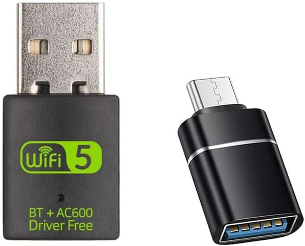 USB WiFi Adapter, 600Mbps USB WiFi Bluetooth Adapter with USB to USB C Adapter, Dual Band 5G/2.4G Wireless Network