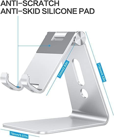 Adjustable Cell Phone Stand, OMOTON Aluminum Desktop Stand with Anti-Slip Base and Charging Port, Silver