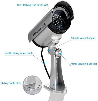 FINDERS&CO Fake Security Camera with Realistic Red Flashing Lights and Warning Sticker (2, Silver)