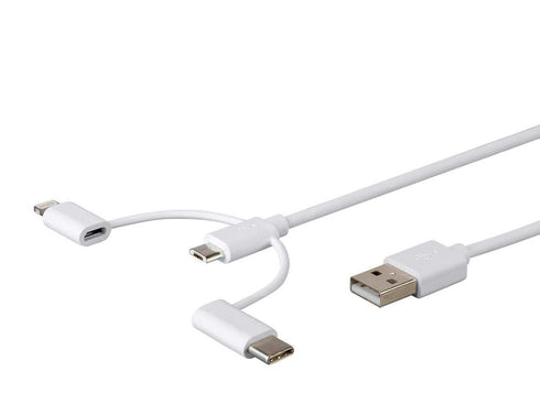 Monoprice 3-in-1 Multiport Charging Cable - USB to USB Micro-B + USB-C + Lightning, 3 Feet, White - Essential Series