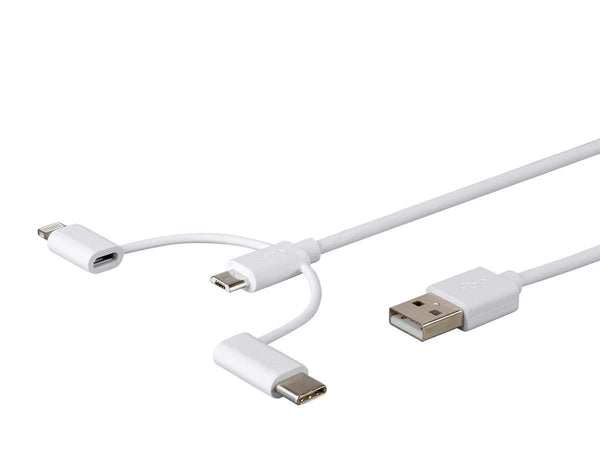 Monoprice 3-in-1 Multiport Charging Cable - USB to USB Micro-B + USB-C + Lightning, 3 Feet, White - Essential Series