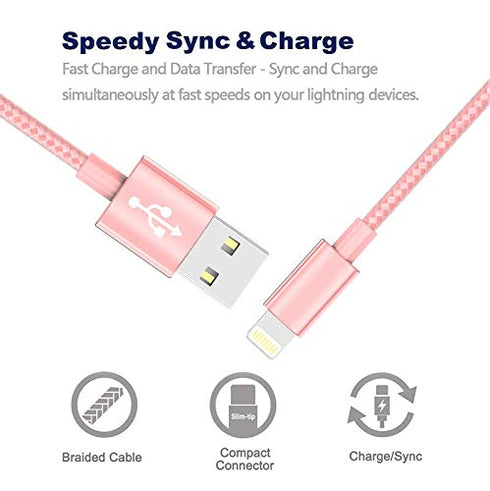 MFi-Certified 6FT Lightning Cable Charger for iPhone Xs MAX, XR, 8, 7, 6s, and more - Rose Color