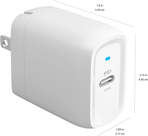 Amazon Basics 30W One-Port GaN USB-C Wall Charger - Power Delivery PD for Tablets & Phones (iPhone 15/14/13/12/11/X,