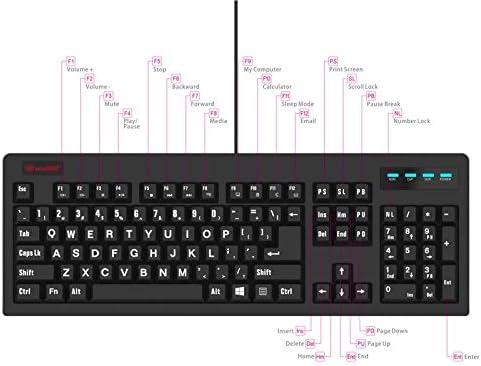 New 104-Key Large Print USB Wired Keyboard, 7ft, Spill-Resistant, Sleek Black for Laptop, Mac, TV, and Computer