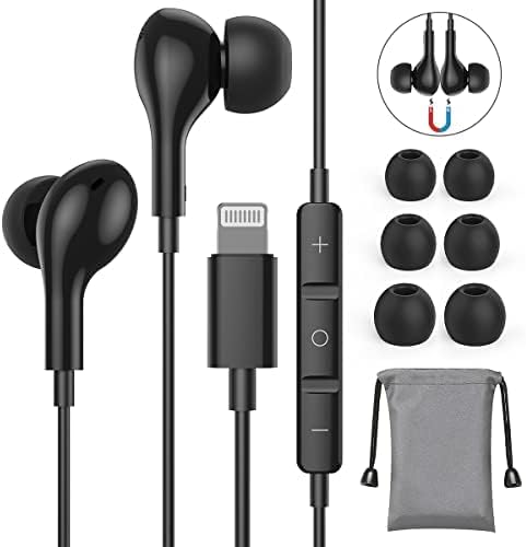 Guguearth Lightning Headphones for iPhone, MFi Certified Magnetic Earbuds with Mic, Compatible with iPhone 14-7 (Black)